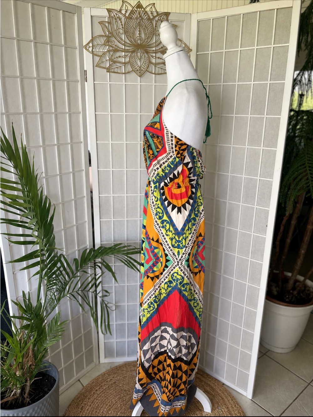 Flying Tomato Colorful Boho Maxi Dress | Size L (Fits M) | Tie Neck - Picture 4 of 4